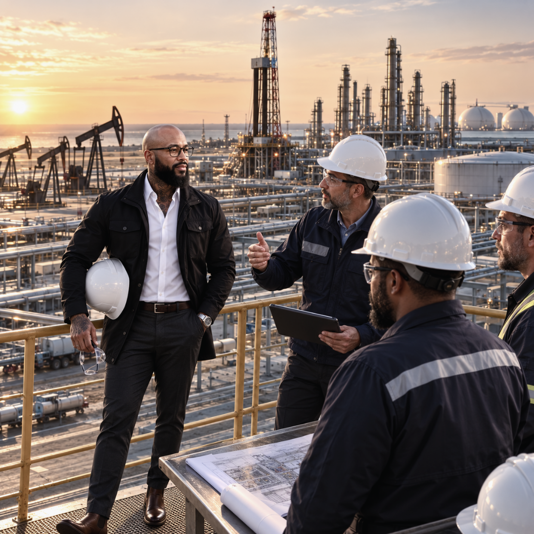  Zane Richardson reviewing an oil and gas facility with industry operators during an energy project site visit